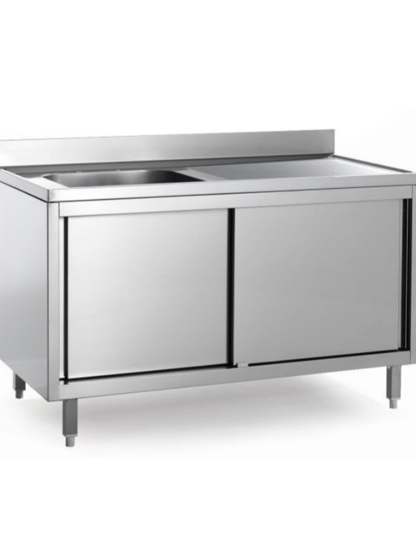 Stainless Steel Base Cabinet with Left Side Sink + Backsplash and Sliding Doors