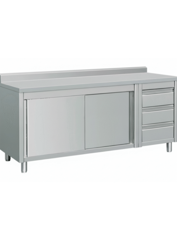 Stainless Steel Cabinet with Sliding Doors and 3 Level Pull-Out Drawers