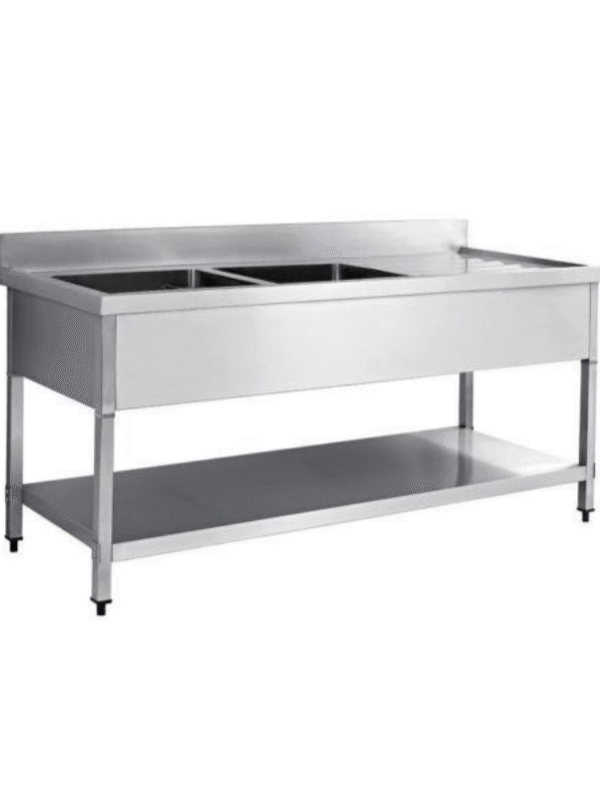 Double Bowl Sink Table with Undershelf and Backsplash